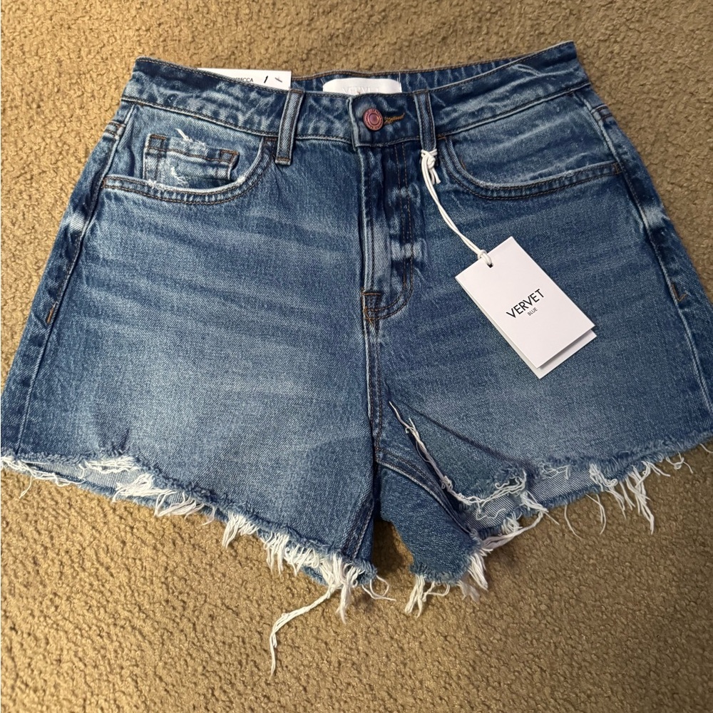 Blue Distressed Jean Shorts with Frayed Hem